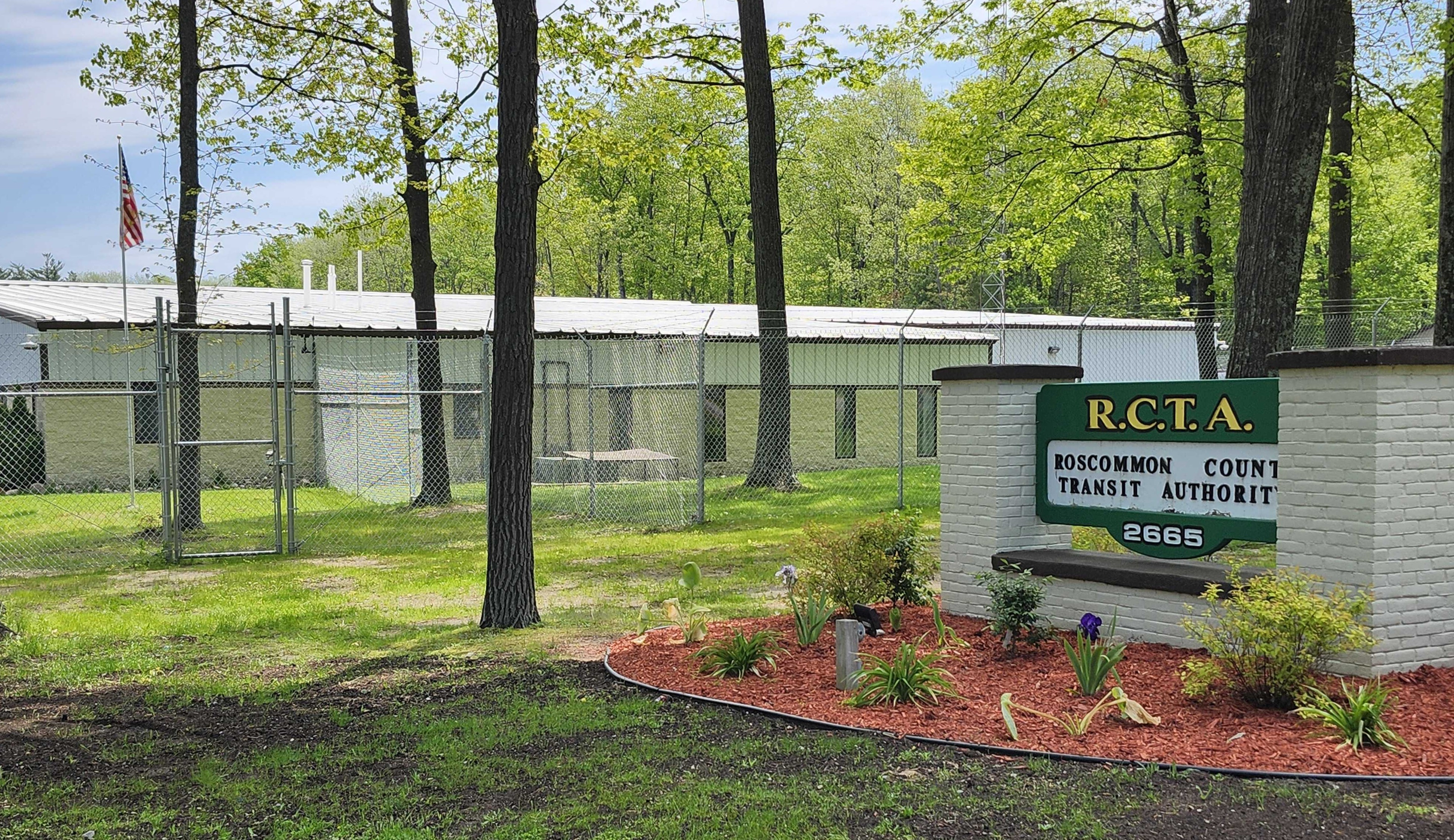 Roadside view of transit building and sign